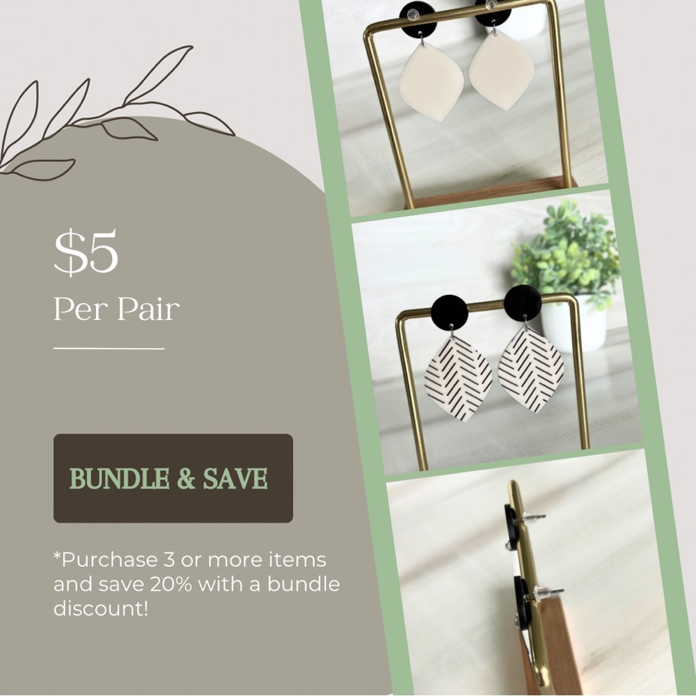 NEW Dangle Earrings | Boho | Leaf | Post-back |Black and white
